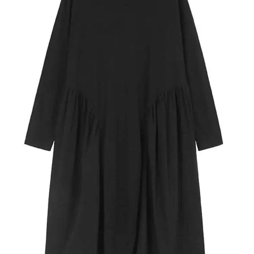 Load image into Gallery viewer, Women Black Side Pleated Spliced Big Size Midi Dress New Round Neck Long Sleeve Fashion Tide Spring Autumn 2025 1DH7010
