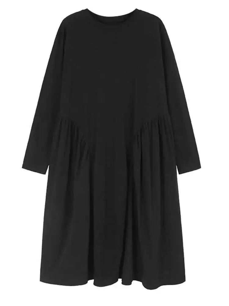 Women Black Side Pleated Spliced Big Size Midi Dress New Round Neck Long Sleeve Fashion Tide Spring Autumn 2025 1DH7010