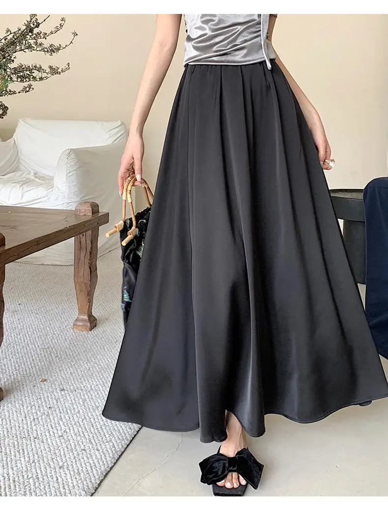 Korean Fashion Women's Elegant Sexy Pleated Long Skirt Spring Summer High Waist Vacation A-line Half Skirts 2025 Casual Ladies