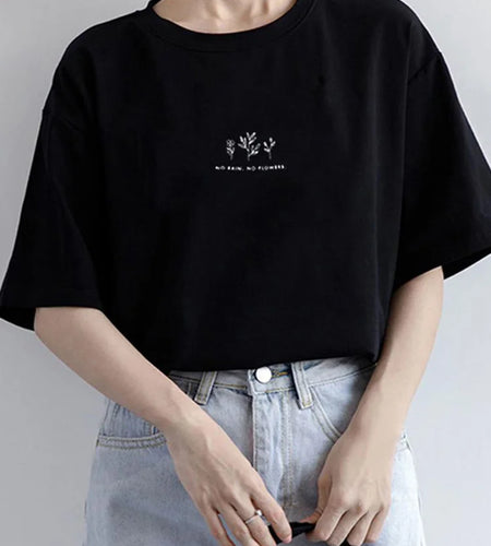 Korean Style Round Neck T-shirt Women's Summer Loose Fit Plant Printing Casual Solid Color Short Sleeves Top For Students