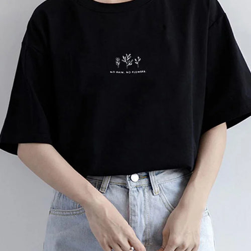 Load image into Gallery viewer, Korean Style Round Neck T-shirt Women's Summer Loose Fit Plant Printing Casual Solid Color Short Sleeves Top For Students
