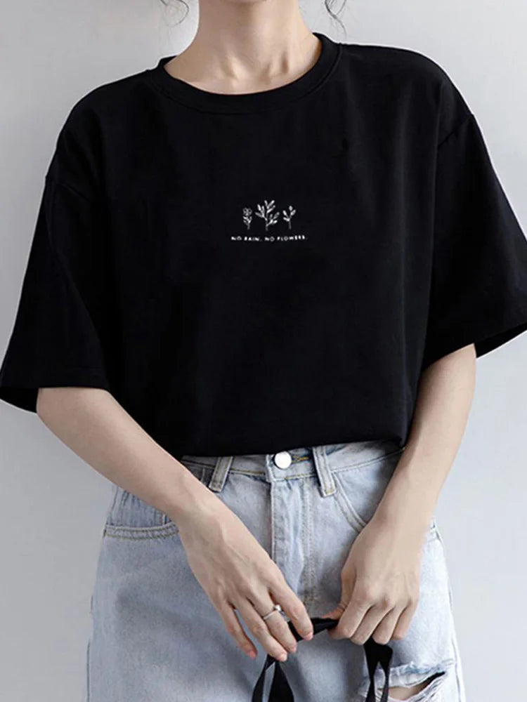 Korean Style Round Neck T-shirt Women's Summer Loose Fit Plant Printing Casual Solid Color Short Sleeves Top For Students