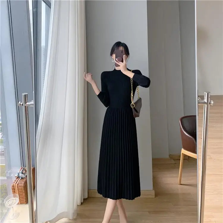 Autumn Lady Fashion Black Half High Collar Knit Long Dress White Temperament Long Sleeve Elegant Ladies Pink Evening Party Dress