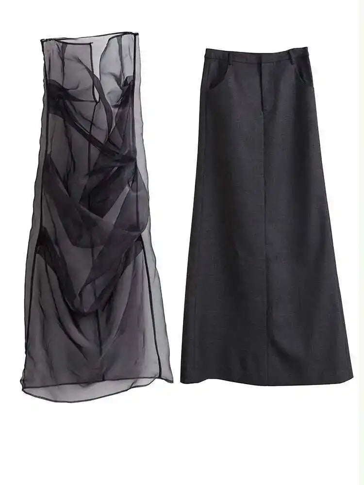 High Waist Black Pleated Mesh Irregular Long Elegant Half-body Skirt Women Fashion Tide New Spring Autumn 2025 1DH4715