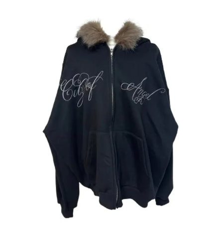 Furry Hooded Sweatshirts Coat Women Clothing Streetwear Fashion Y2k Tops 2024 Ropa Mujer Letter Casual Thicked Zipper Jackets