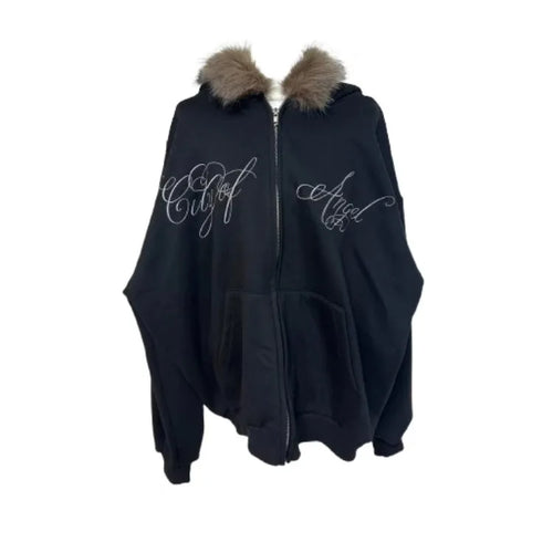 Load image into Gallery viewer, Furry Hooded Sweatshirts Coat Women Clothing Streetwear Fashion Y2k Tops 2024 Ropa Mujer Letter Casual Thicked Zipper Jackets
