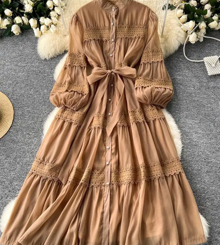 Vintage Women's Solid Single Breasted Bow Lace- Up Long Dress Autumn Lace Patchwork Long Sleeved Evening Party Princess Dresses