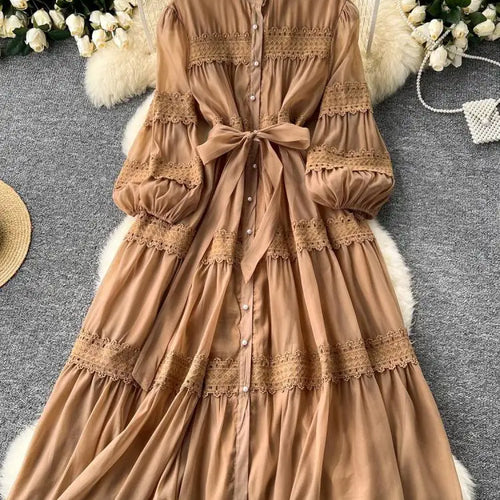 Load image into Gallery viewer, Vintage Women's Solid Single Breasted Bow Lace- Up Long Dress Autumn Lace Patchwork Long Sleeved Evening Party Princess Dresses
