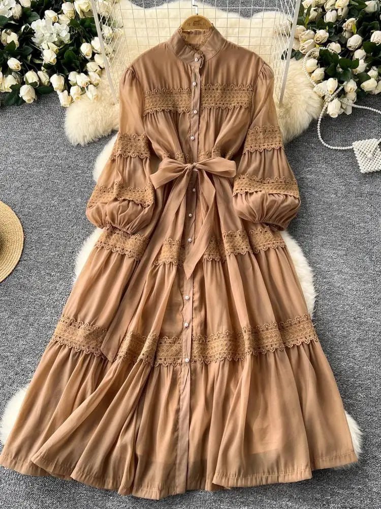 Vintage Women's Solid Single Breasted Bow Lace- Up Long Dress Autumn Lace Patchwork Long Sleeved Evening Party Princess Dresses