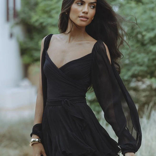 Load image into Gallery viewer, Elegant Long Sleeved Mesh Transparent Pleated Dress For Women Sexy Deep V Backless Double Layered Mini Skirt Party Beach
