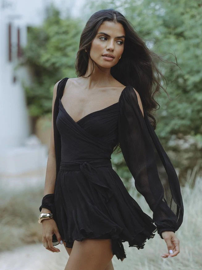 Elegant Long Sleeved Mesh Transparent Pleated Dress For Women Sexy Deep V Backless Double Layered Mini Skirt Party Beach