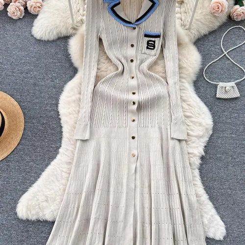 Load image into Gallery viewer, Women Elegant Patchwork Embroidery Knit Sweater Long Dress Autumn Winter Casual Fashion Slim Long Sleeve Button Dresses New 2023
