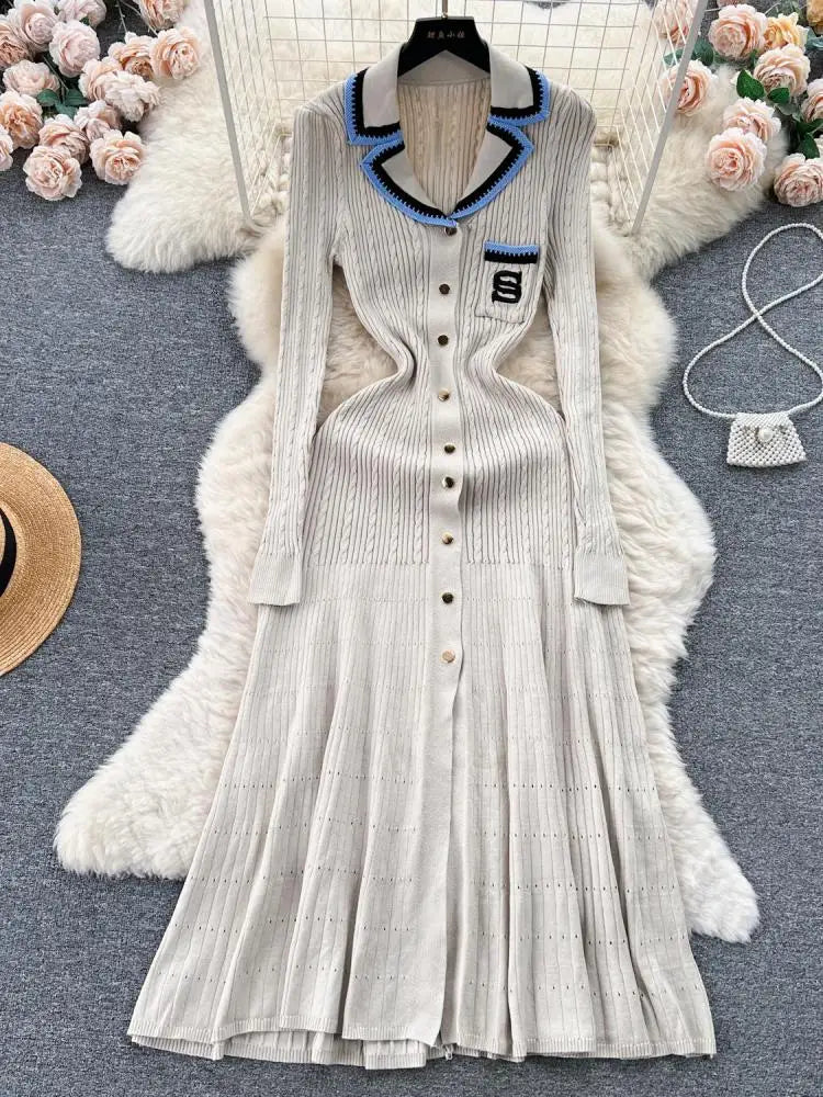 Women Elegant Patchwork Embroidery Knit Sweater Long Dress Autumn Winter Casual Fashion Slim Long Sleeve Button Dresses New 2023