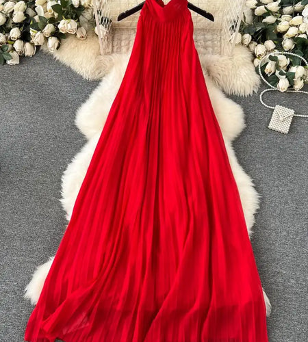 Red Loose Halter Bandage Long Dresses French Elegant Women's Summer Vacation Dress Off Shoulder Sleeveless Pleated Sundress Chic