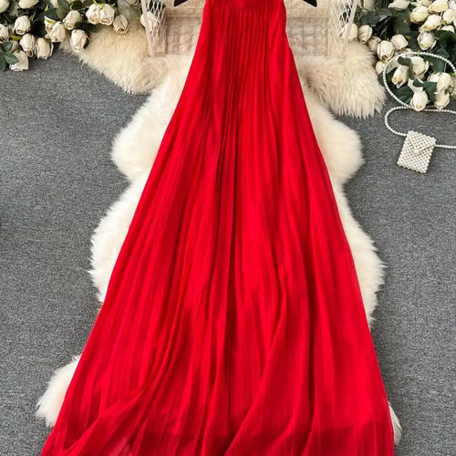 Load image into Gallery viewer, Red Loose Halter Bandage Long Dresses French Elegant Women's Summer Vacation Dress Off Shoulder Sleeveless Pleated Sundress Chic
