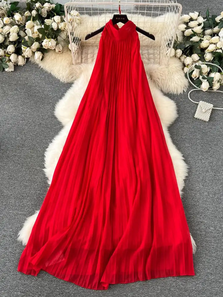 Red Loose Halter Bandage Long Dresses French Elegant Women's Summer Vacation Dress Off Shoulder Sleeveless Pleated Sundress Chic