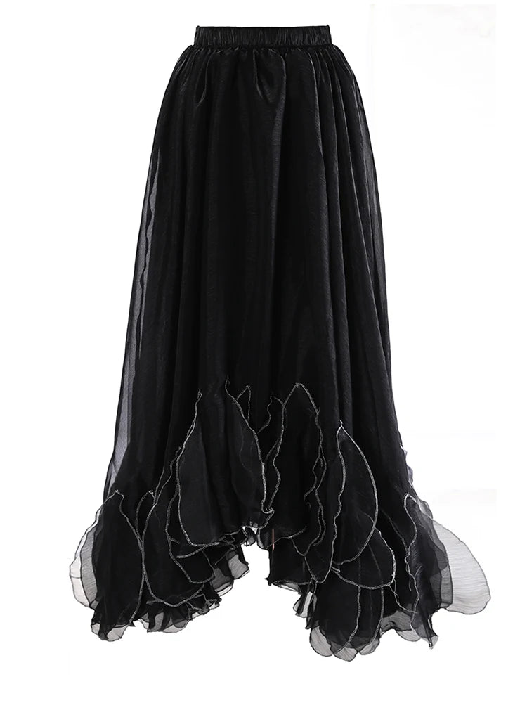 High Elastic Waist Black Organza Ruffles Irregular Shaped Half-body Skirt Women Fashion New Spring Autumn 2025 1DJ0913