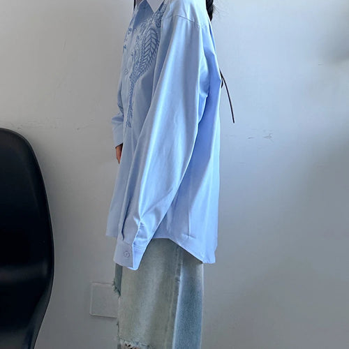 Load image into Gallery viewer, Women Blue Embroidery Big Size Vintage Casual Blouse New Lapel Long Sleeve Shirt Fashion Tide Spring Autumn 2025 1DJ1236
