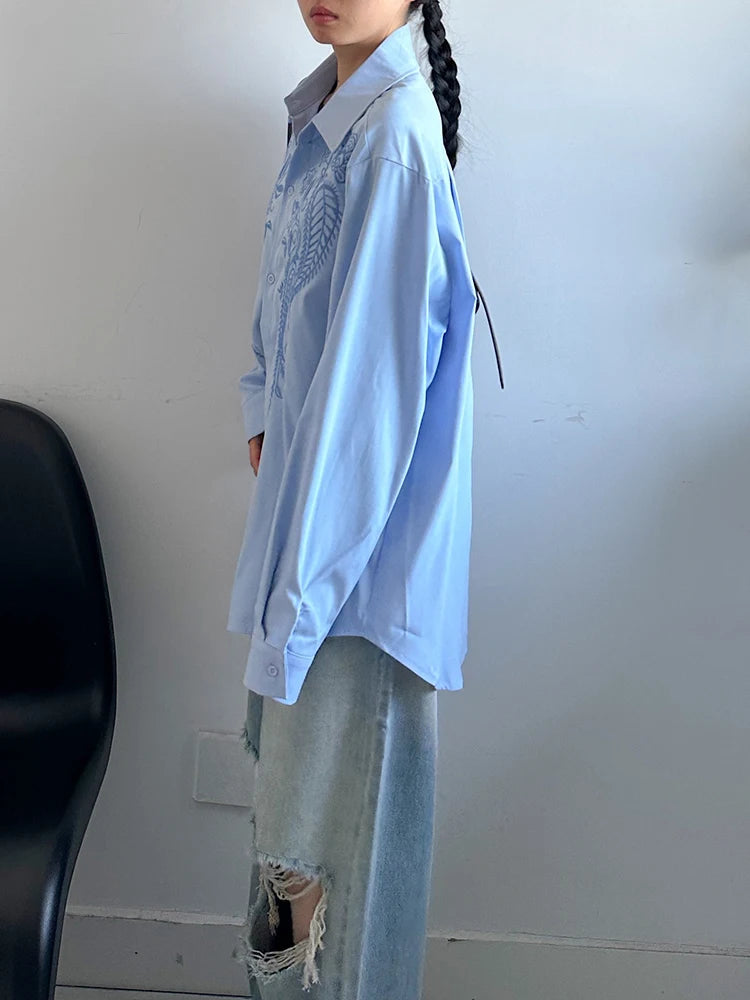 Women Blue Embroidery Big Size Vintage Casual Blouse New Lapel Long Sleeve Shirt Fashion Tide Spring Autumn 2025 1DJ1236