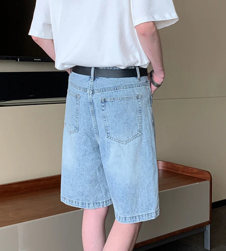 Trendy Men Denim Shorts Straight Wide Leg Knee-length Jeans Worn-out Vintage Trend Solid Color Male Bottoms 9C6905