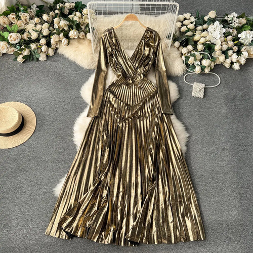 Load image into Gallery viewer, French Women Sexy Formal Green Elegant Backless Pleated Long Dress Autumn V Neck Long Sleeve Ladies Gold Evening Party Prom Gown
