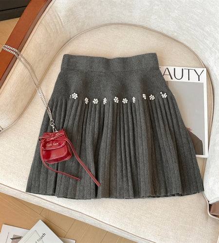 Korean Version Women Black Beige Pearl Sexy Club Vacation Short Skirt Autumn Winter Grey Elastic High Waist Party Pleated Skirts