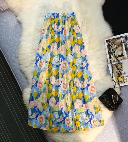 New Summer Floral Skirts For Women Korean Style A-line Pleated Long Skirts Vintage Elastic High Waist Female Skirt 2023