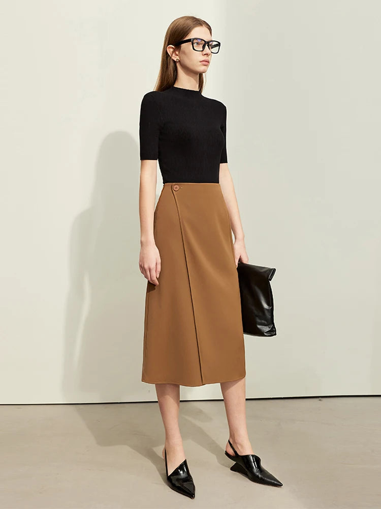 Minimalism Women Skirts 2024 Spring New Asymmetric Lap Piece A-line Solid Trendy Commuter Mid-Calf Skirt For Lady 12421040