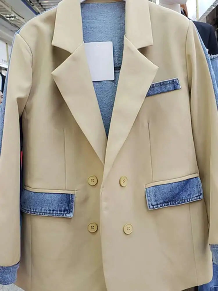 Women Blue Denim Color-block Big Size Blazer New Lapel Long Sleeve Loose Fit Jacket Fashion Spring Autumn 2025 1DH7741