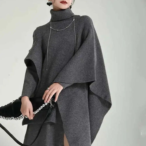 Load image into Gallery viewer, Women Gray Irregular Design Knitting Dress New Turtleneck Long Sleeve Loose Fit Fashion Tide Spring Autumn 2025 1DF2618
