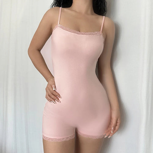 Load image into Gallery viewer, Fashion Pink Sweet Spaghetti Strap Skinny Summer Playsuit Women Lace Trim One Piece Cute Coquette Bodysuits Homewear
