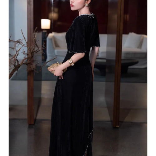 Load image into Gallery viewer, Solid Spliced Diamonds Dresses for Women O Neck Short Sleeve High Waist Split Temperament Dress Female
