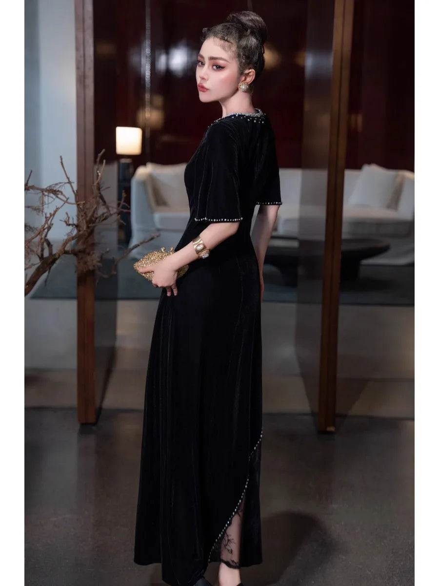 Solid Spliced Diamonds Dresses for Women O Neck Short Sleeve High Waist Split Temperament Dress Female