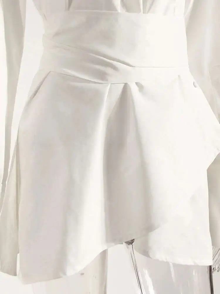 Women White Irregular Bandage Slit Shirt Dress New V-Neck Long Sleeve Loose Fit Fashion Tide Spring Autumn 2025 1DE9884