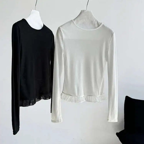 Load image into Gallery viewer, Women Black White Plain Color Ruffles Hem Thin T-shirt New Round Neck Long Sleeve Fashion Tide Spring Autumn 2025 1DJ0815
