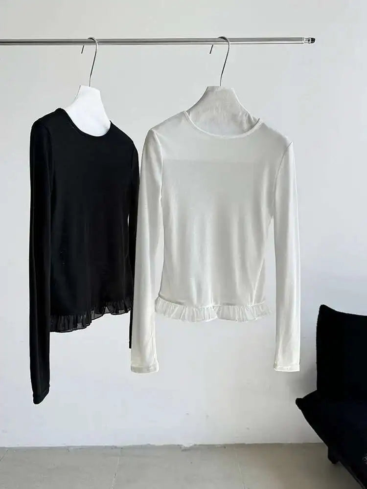 Women Black White Plain Color Ruffles Hem Thin T-shirt New Round Neck Long Sleeve Fashion Tide Spring Autumn 2025 1DJ0815