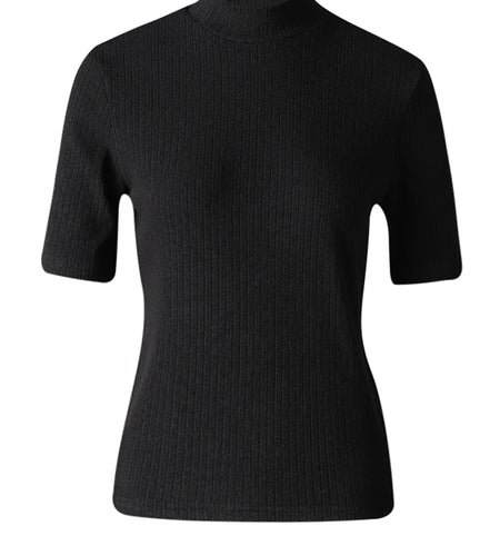 Women Black Gray Knitting Brief Slim Elegant T-shirt New Turtleneck Short Sleeve Fashion Tide Spring Summer 2025 CPG3078