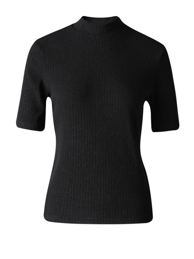 Women Black Gray Knitting Brief Slim Elegant T-shirt New Turtleneck Short Sleeve Fashion Tide Spring Summer 2025 CPG3078