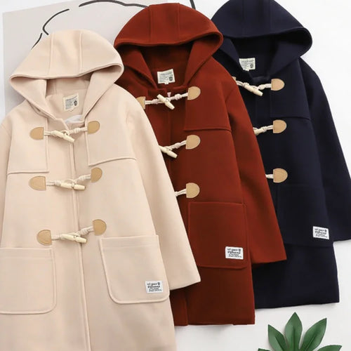 Load image into Gallery viewer, Winter Women Wool Blends Coat Straight Long Hooded Coats Jacket  Horn Button  Sleeve Preppy Style Female Warmness Outwears
