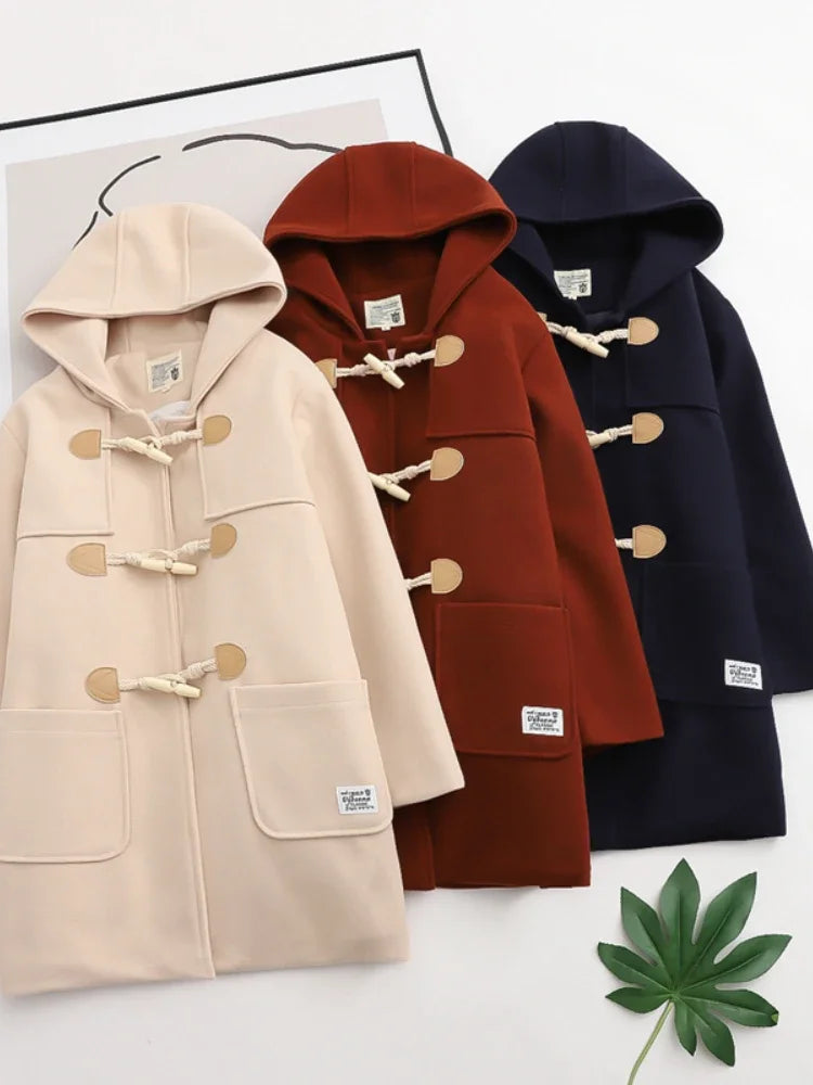 Winter Women Wool Blends Coat Straight Long Hooded Coats Jacket  Horn Button  Sleeve Preppy Style Female Warmness Outwears