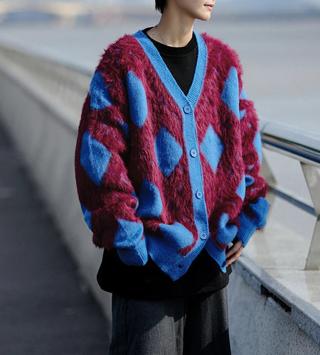 Korean Style Men's Cardigan V-neck Diamond Plaid Contrast Color Knitting Single Breasted Loose Thick Male Sweaters 9C9277