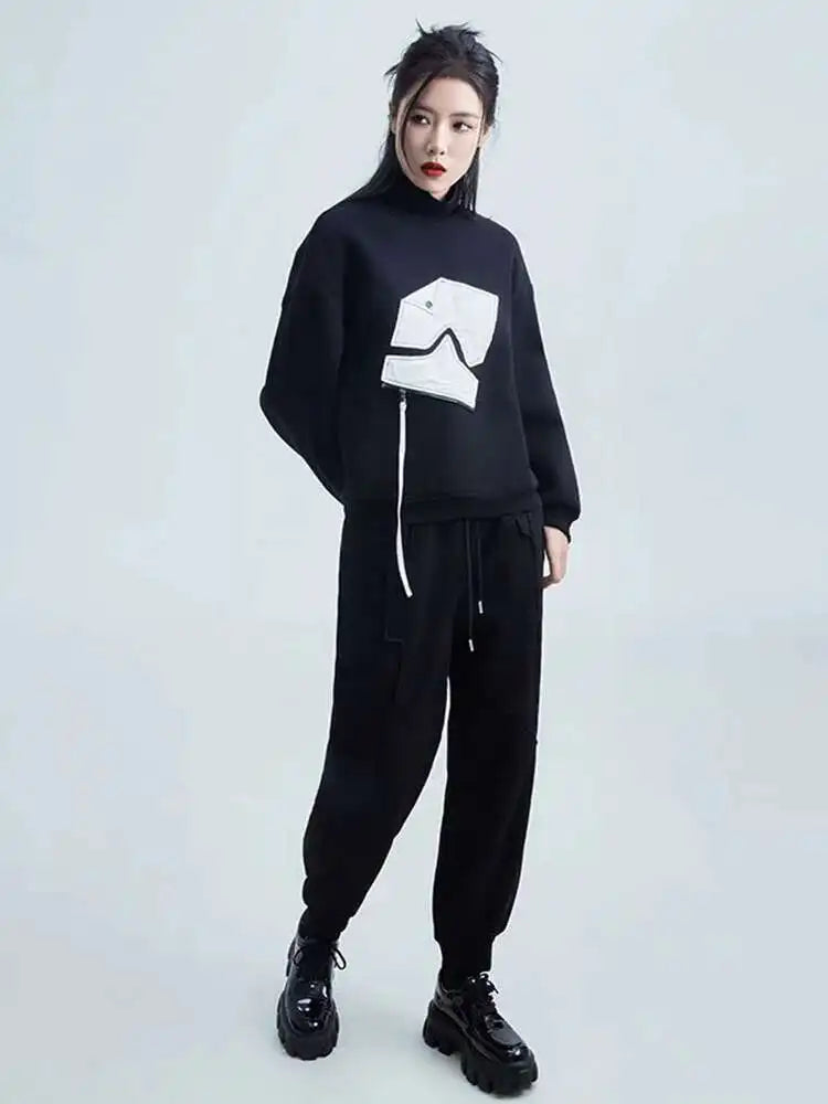 Black Pattern Zipper Thick Sweatshirt New Turtleneck Long Sleeve Women Big Size Fashion Tide Spring Autumn 2025 1DH2585