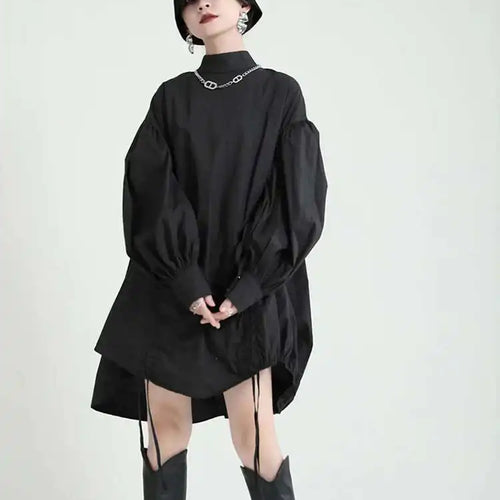 Load image into Gallery viewer, Women Balck Irregular Drawstring Big Size Dress New Stand Collar Long Sleeve Loose Fit Fashion Spring Autumn 2025 1Z18901
