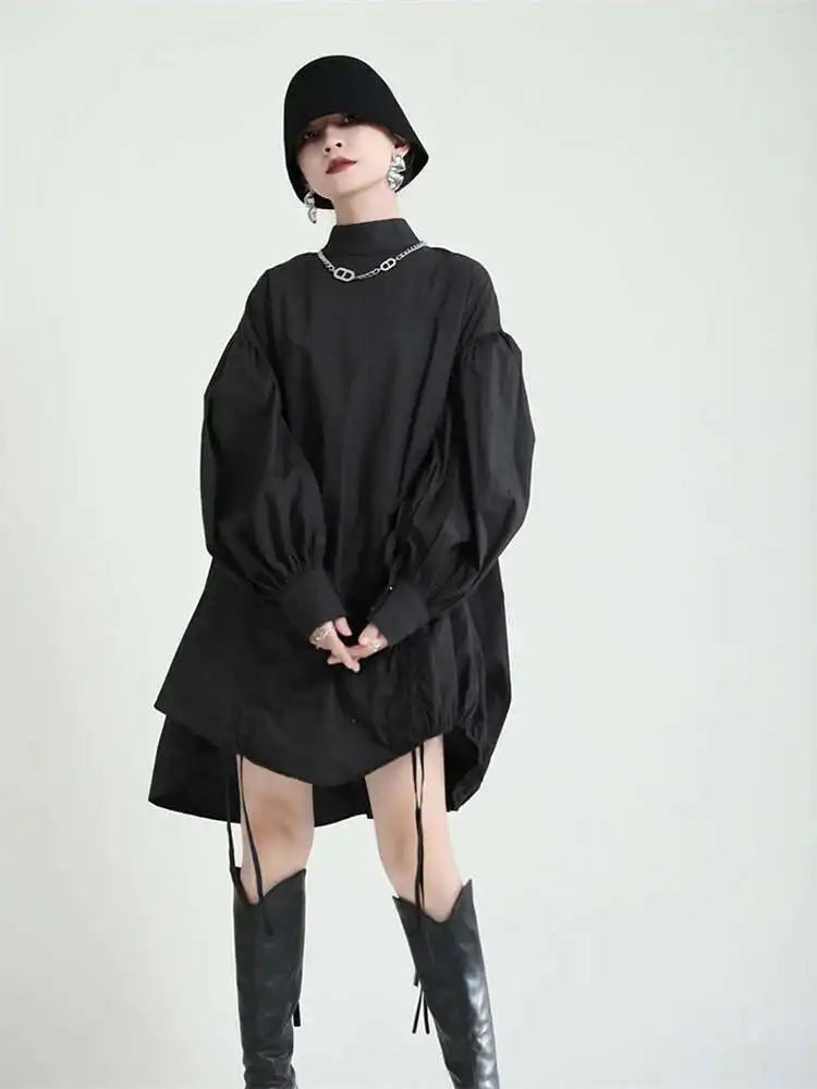 Women Balck Irregular Drawstring Big Size Dress New Stand Collar Long Sleeve Loose Fit Fashion Spring Autumn 2025 1Z18901