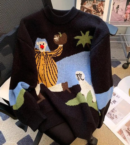 Y2k Vintage Women Black Patchwork Sweater Fashion Round Neck Loose Pullover Knitwear Tops Autumn Winter Streetwear Harajuku Chic