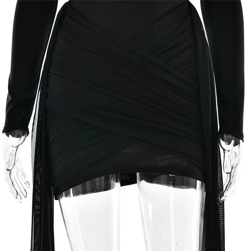 Turtleneck Long Sleeve Sexy Mini Dress For Women New Fashion Draped Ruched Bodycon Club Party Dress Elegant New Dresses