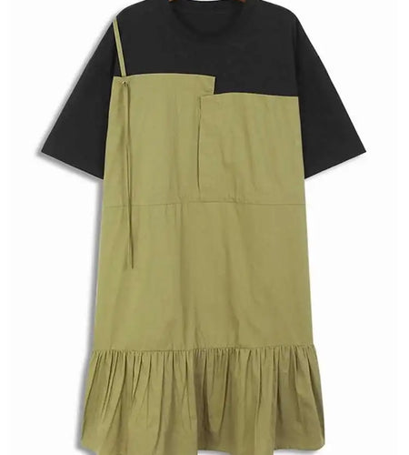 Women Khaki Color-block Pleated Big Size Midi Dress New Round Neck Short Sleeve Fashion Tide Spring Summer 2025 1DH5680