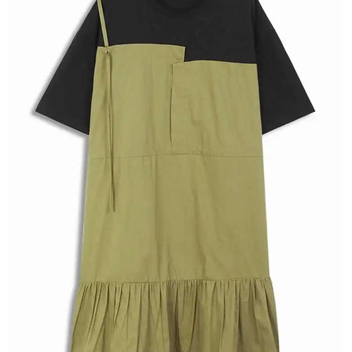 Load image into Gallery viewer, Women Khaki Color-block Pleated Big Size Midi Dress New Round Neck Short Sleeve Fashion Tide Spring Summer 2025 1DH5680
