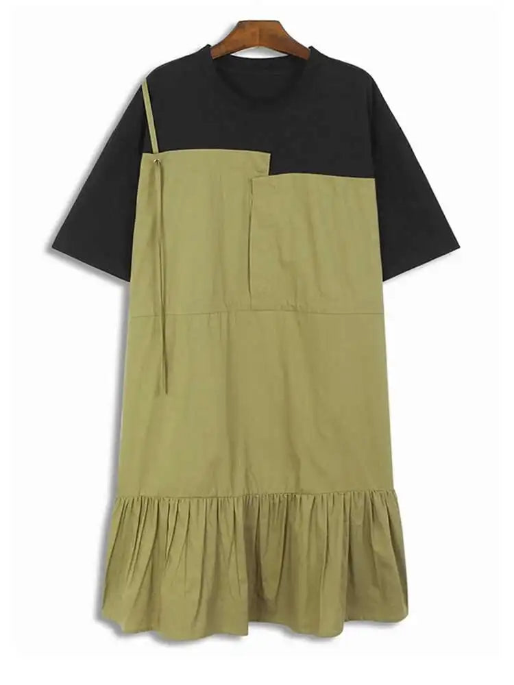 Women Khaki Color-block Pleated Big Size Midi Dress New Round Neck Short Sleeve Fashion Tide Spring Summer 2025 1DH5680