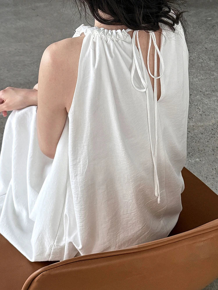 Women White Blue Knot Elegant Big Size Long Vest Dress New Halter Sleeveless Fashion Tide Spring Summer 2025 1DJ1282